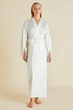 Fashion Amina Ivory Fringed Robein Silk Satin Robes