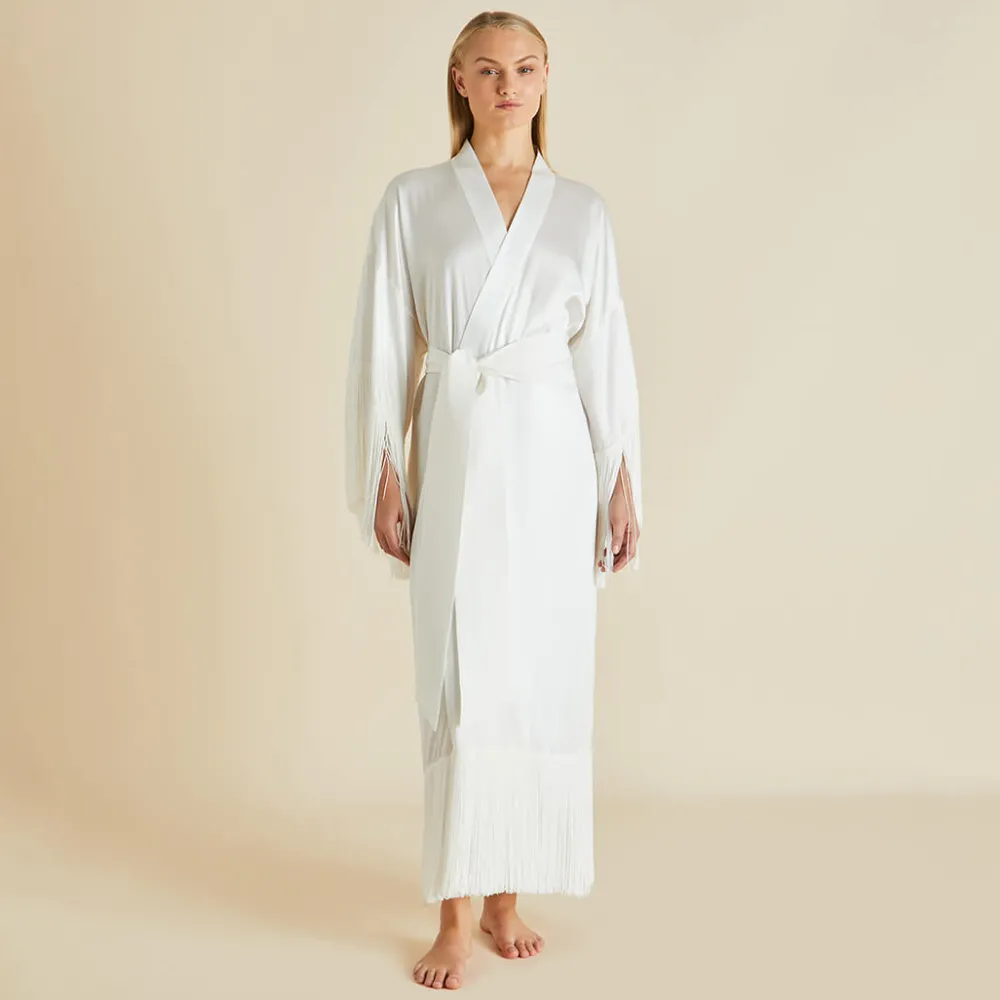 Fashion Amina Ivory Fringed Robein Silk Satin Robes