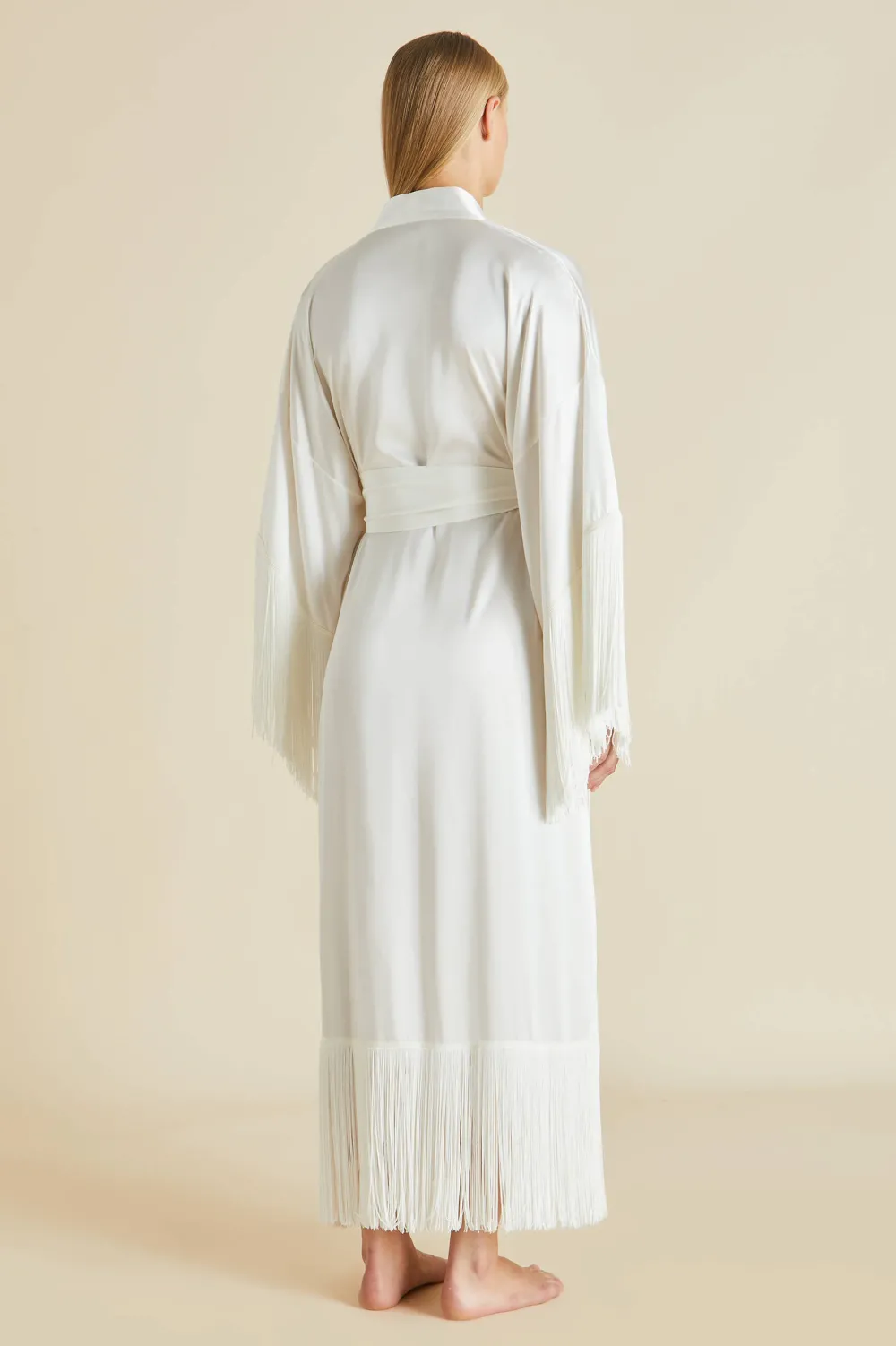 Fashion Amina Ivory Fringed Robein Silk Satin Robes