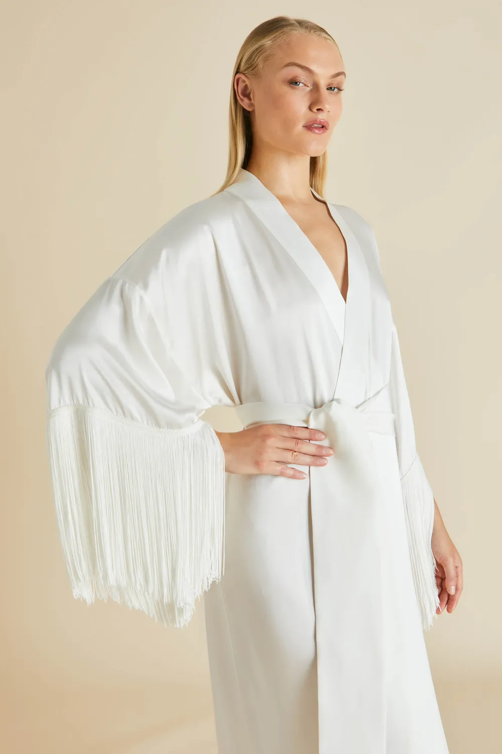 Fashion Amina Ivory Fringed Robein Silk Satin Robes