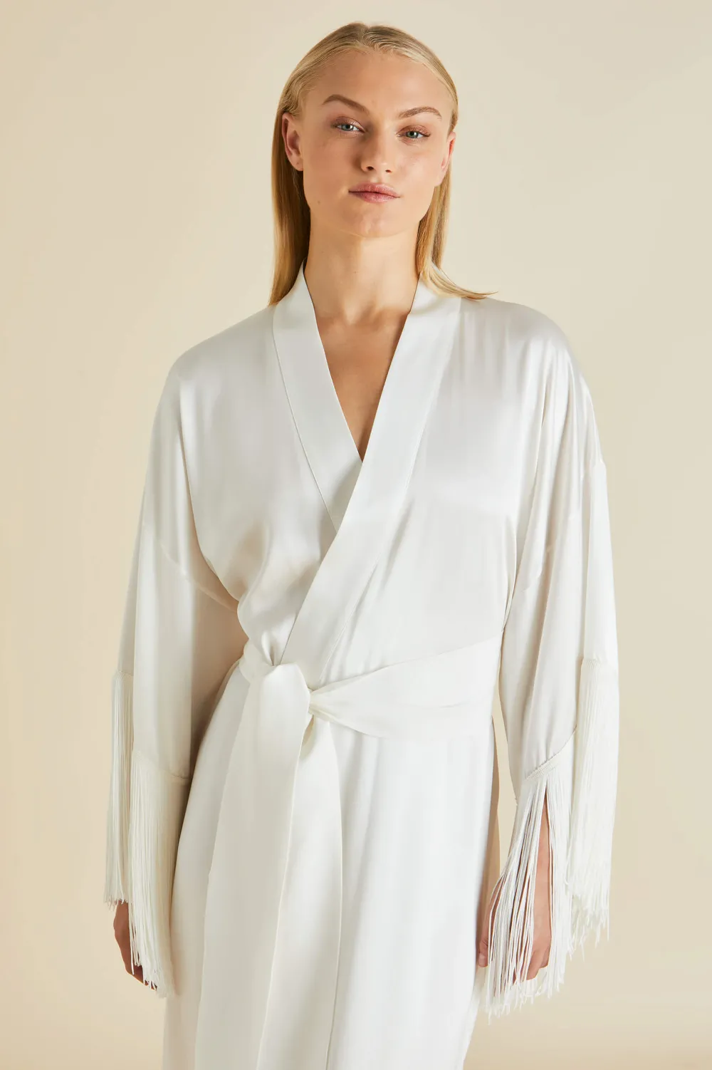 Fashion Amina Ivory Fringed Robein Silk Satin Robes