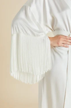 Fashion Amina Ivory Fringed Robein Silk Satin Robes
