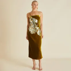New Icon August Gold Embellished Slip Dressin Silk Velvet Dresses