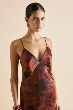 Best Issa Lalanne Burgundy Floral Slip Dressin Silk Satin Dresses