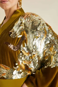 Sale Queenie August Gold Embellished Robein Silk Velvet Robes