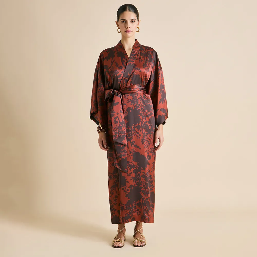 Fashion Queenie Lalanne Burgundy Floral Robein Silk Satin Robes