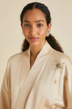 Fashion Sabine Celestine Caramel Embellished Robein Sandwashed Silk Robes