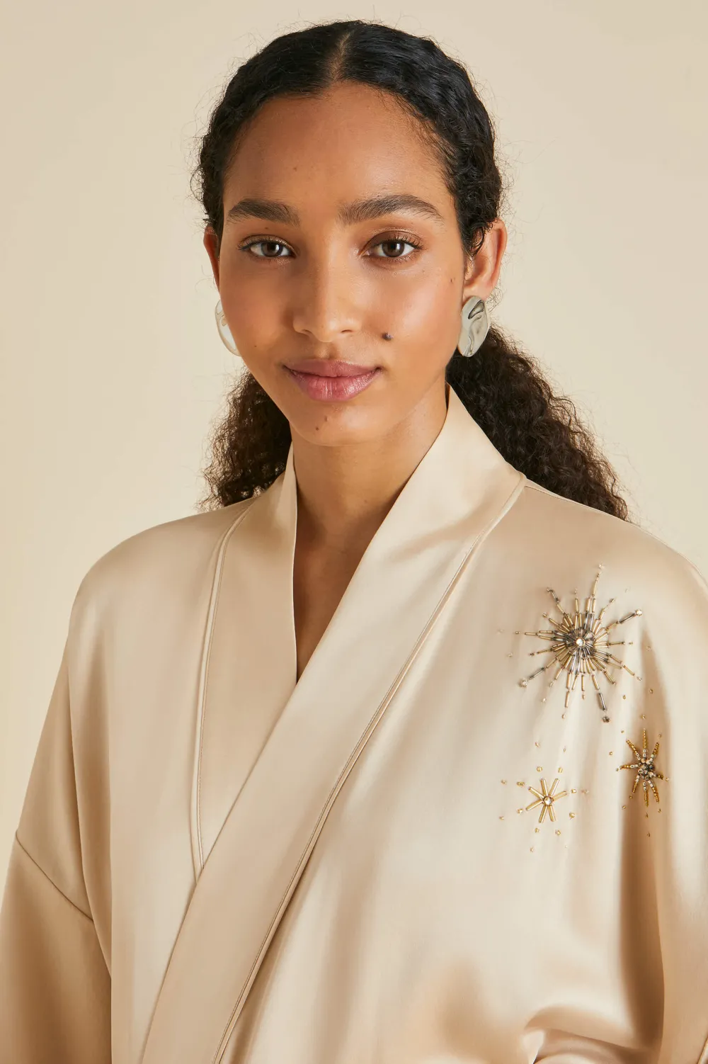 Fashion Sabine Celestine Caramel Embellished Robein Sandwashed Silk Robes