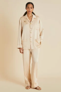 Flash Sale Yves Celestine Caramel Embellished Pajamasin Sandwashed Silk Pajamas