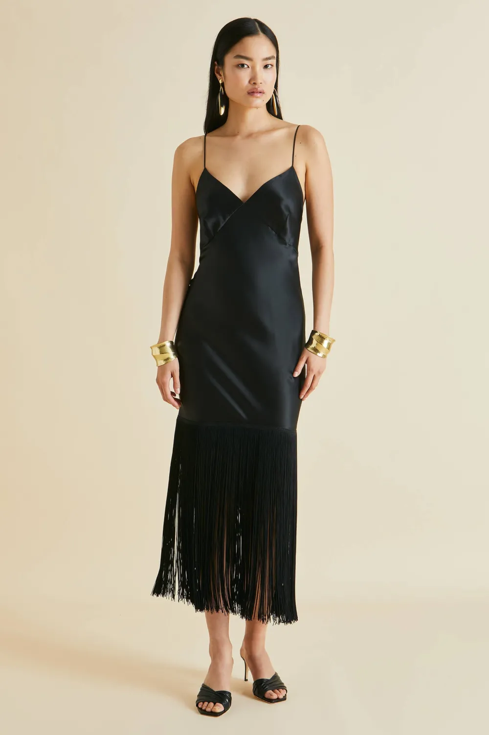 Flash Sale Zoya Black Fringed Slip Dressin Silk Satin Dresses