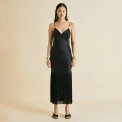 Flash Sale Zoya Black Fringed Slip Dressin Silk Satin Dresses