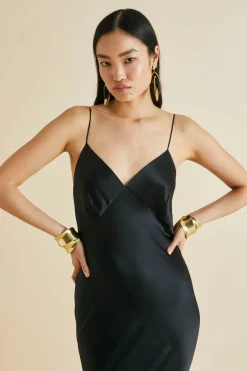 Flash Sale Zoya Black Fringed Slip Dressin Silk Satin Dresses