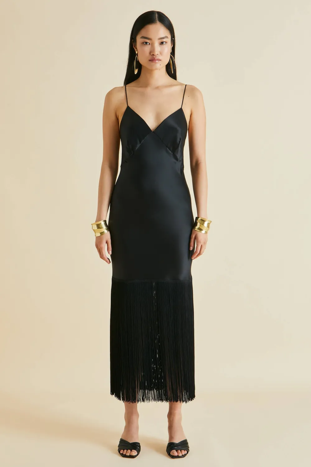 Flash Sale Zoya Black Fringed Slip Dressin Silk Satin Dresses